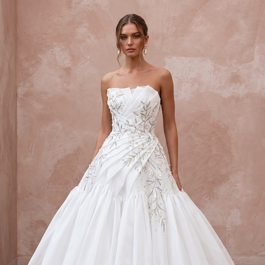 White Silk Organza Voluminous Bubble Skirt Strapless Elopement Gown - Apparel & Accessories > Clothing > Wedding & Bridal Party Dresses > Wedding Dresses - Mignonette Bridal