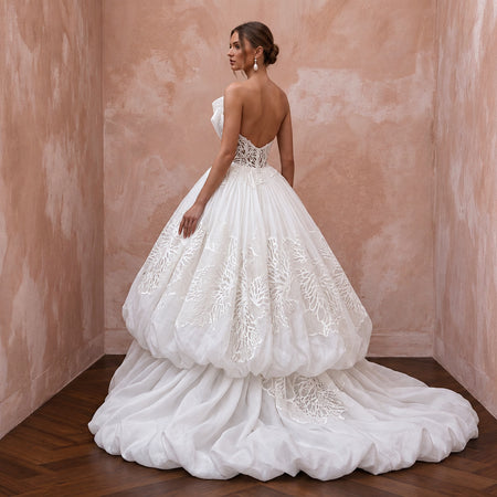 White Silk Organza Voluminous Bubble Skirt Strapless Elopement Gown