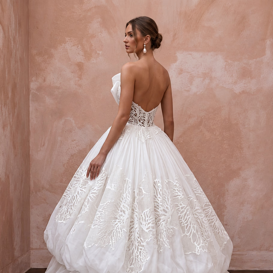 White Silk Organza Voluminous Bubble Skirt Strapless Elopement Gown