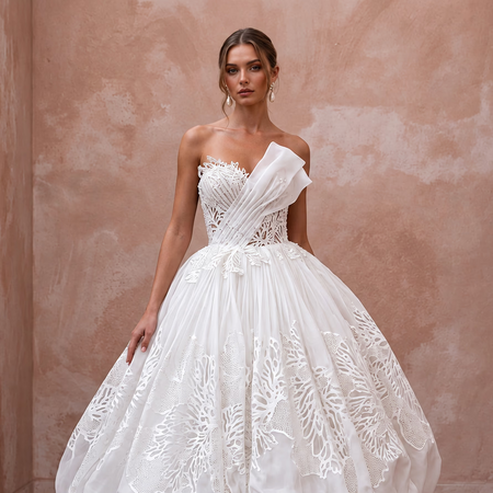 White Silk Organza Voluminous Bubble Skirt Strapless Elopement Gown