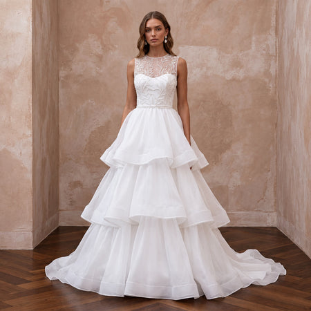 White Silk Organza Voluminous Tiered Skirt Elopement Gown
