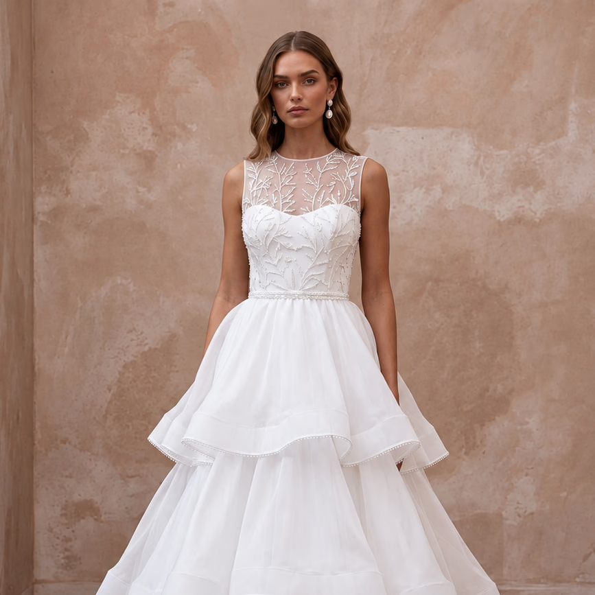 White Silk Organza Voluminous Tiered Skirt Elopement Gown