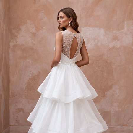 White Silk Organza Voluminous Tiered Skirt Elopement Gown