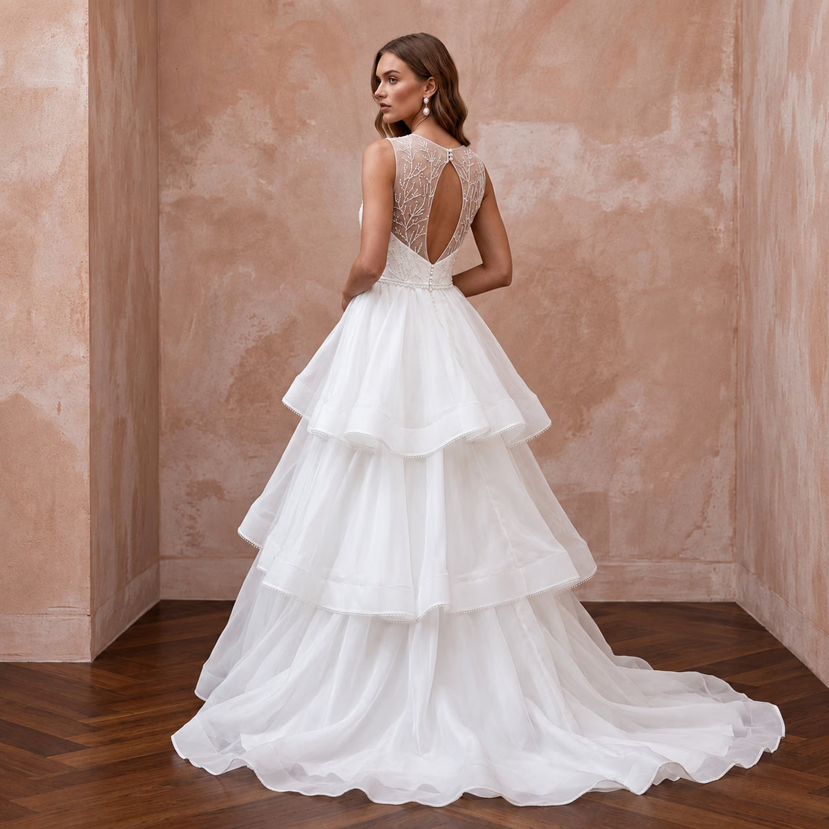 White Silk Organza Voluminous Tiered Skirt Elopement Gown