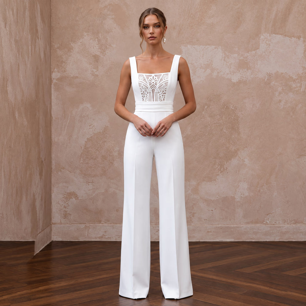 White Stretch Crepe Square Neck Jumpsuit for Courthouse Wedding