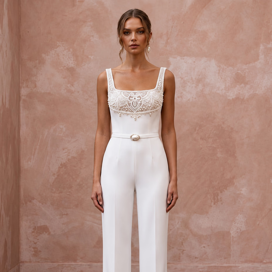 White stretch crepe jumpsuit with square neck and embroidered bodice, perfect for a courthouse wedding.