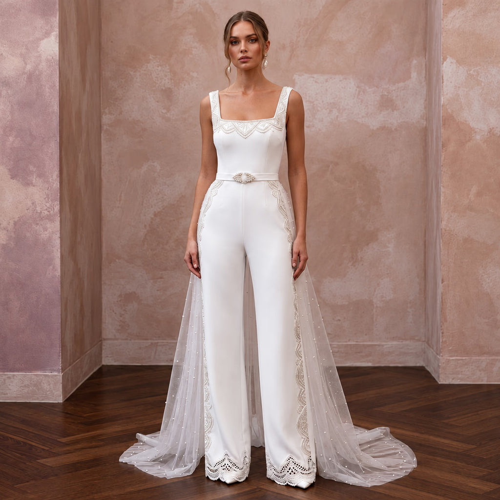 White Stretch Crepe Square Neck Jumpsuit for Courthouse Wedding
