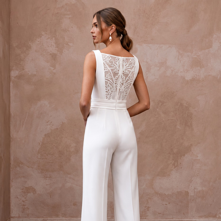 White Stretch Crepe Square Neck Jumpsuit for Courthouse Wedding