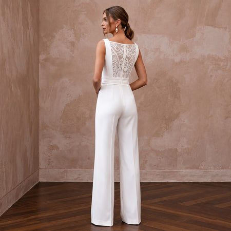 White Stretch Crepe Square Neck Jumpsuit for Courthouse Wedding