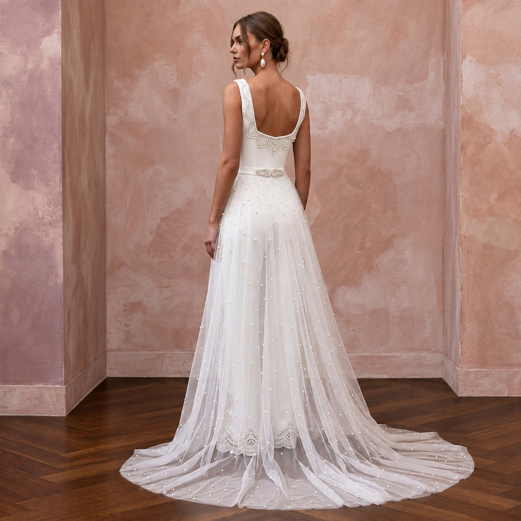 White Stretch Crepe Square Neck Jumpsuit for Courthouse Wedding