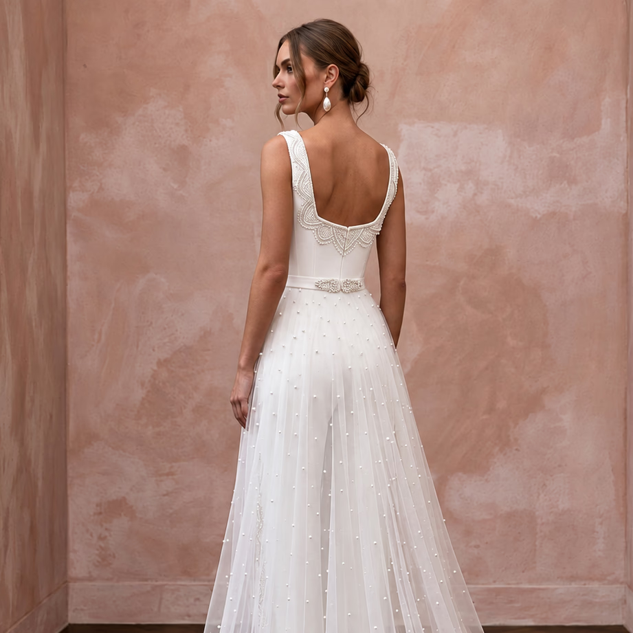White Stretch Crepe Square Neck Jumpsuit for Courthouse Wedding