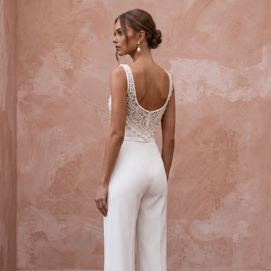 White stretch crepe jumpsuit with square neck and embellished back, perfect for a courthouse wedding.
