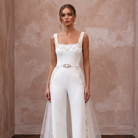 White Stretch Crepe Square Neck Jumpsuit for Courthouse Wedding