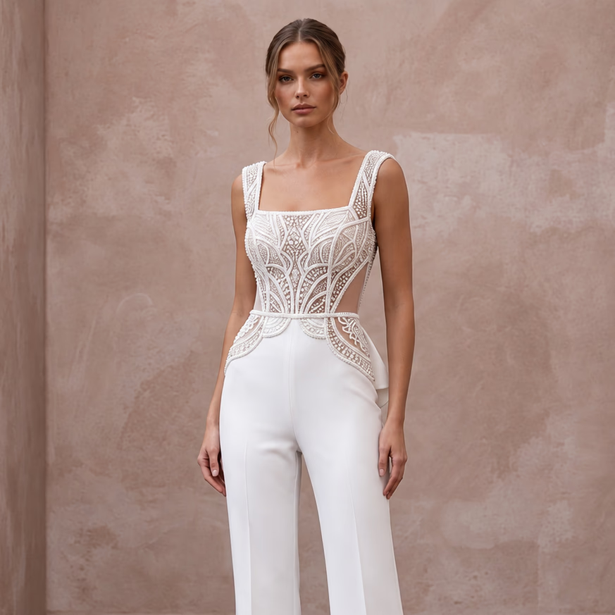 White Stretch Crepe Square Neck Jumpsuit for Modern City Hall Wedding - Apparel & Accessories > Clothing > Wedding & Bridal Party Dresses > Wedding Dresses - Mignonette Bridal