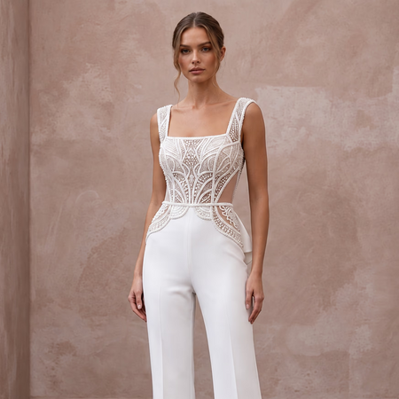 White Stretch Crepe Square Neck Jumpsuit for Modern City Hall Wedding - Apparel & Accessories > Clothing > Wedding & Bridal Party Dresses > Wedding Dresses - Mignonette Bridal