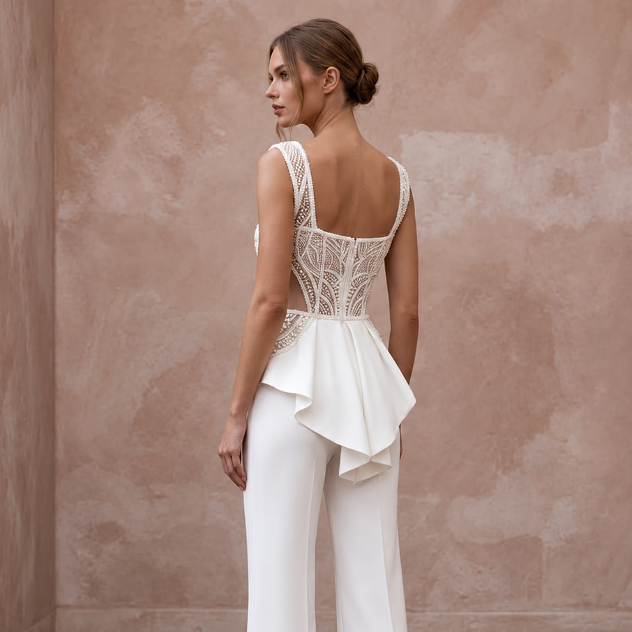 White Stretch Crepe Square Neck Jumpsuit for Modern City Hall Wedding - Apparel & Accessories > Clothing > Wedding & Bridal Party Dresses > Wedding Dresses - Mignonette Bridal