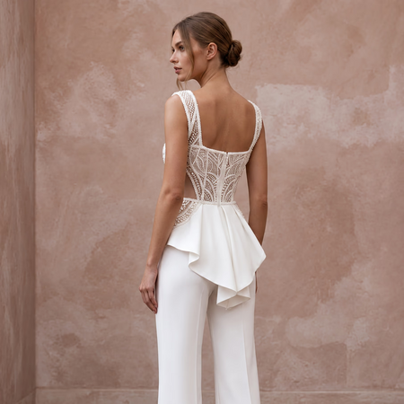 White Stretch Crepe Square Neck Jumpsuit for Modern City Hall Wedding - Apparel & Accessories > Clothing > Wedding & Bridal Party Dresses > Wedding Dresses - Mignonette Bridal
