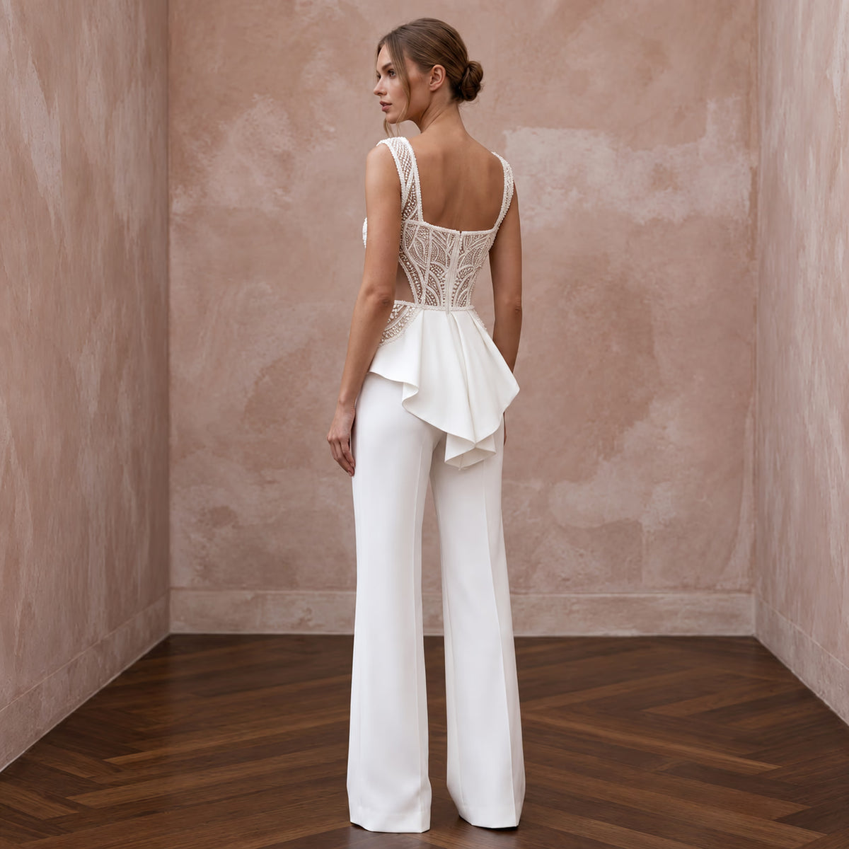 White Stretch Crepe Square Neck Jumpsuit for Modern City Hall Wedding - Apparel & Accessories > Clothing > Wedding & Bridal Party Dresses > Wedding Dresses - Mignonette Bridal