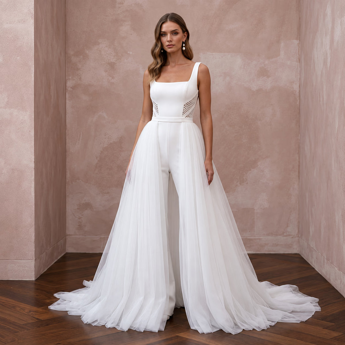 White Stretch Crepe Square Neck Jumpsuit with Detachable Tulle Skirt