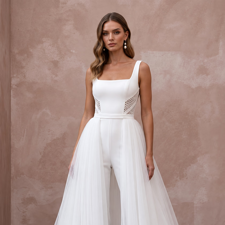 White Stretch Crepe Square Neck Jumpsuit with Detachable Tulle Skirt