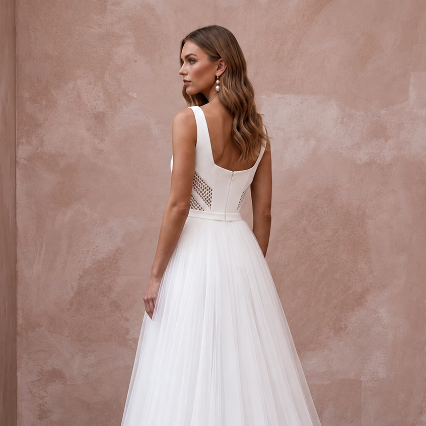 White Stretch Crepe Square Neck Jumpsuit with Detachable Tulle Skirt
