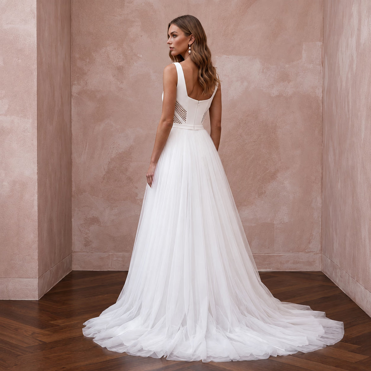 White Stretch Crepe Square Neck Jumpsuit with Detachable Tulle Skirt