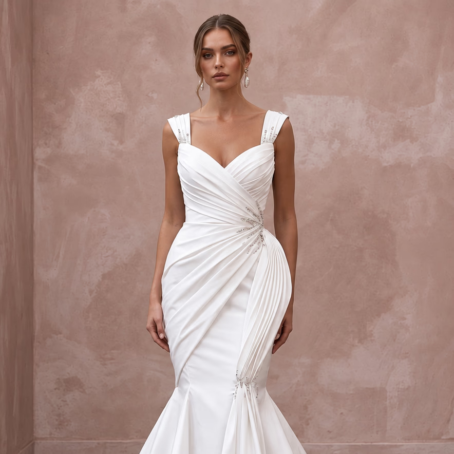White Taffeta Asymmetrical Draped Bodice Mermaid Gown