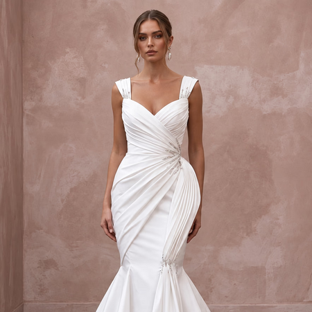 White Taffeta Asymmetrical Draped Bodice Mermaid Gown