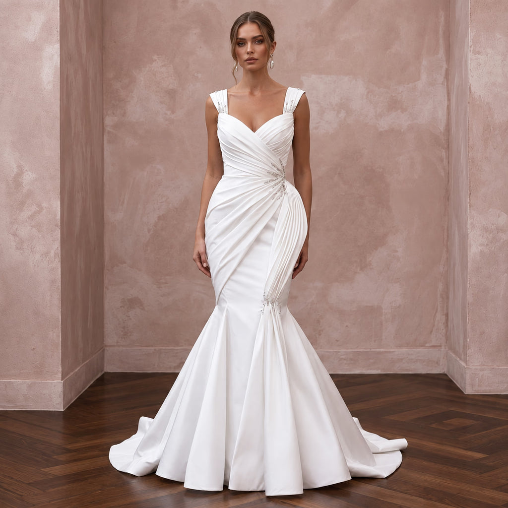 White Taffeta Asymmetrical Draped Bodice Mermaid Gown