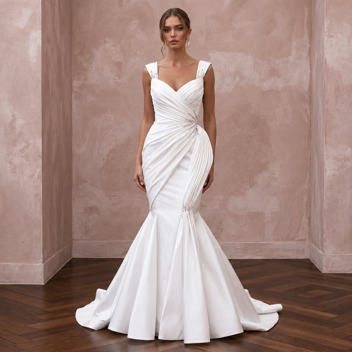 White Taffeta Asymmetrical Draped Bodice Mermaid Gown