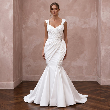White Taffeta Asymmetrical Draped Bodice Mermaid Gown