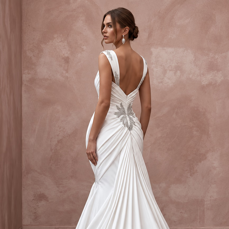 White Taffeta Asymmetrical Draped Bodice Mermaid Gown