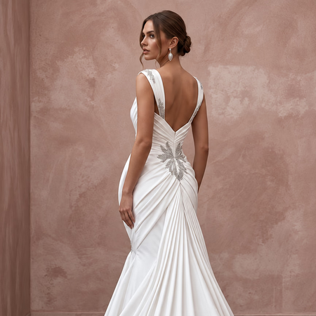 White Taffeta Asymmetrical Draped Bodice Mermaid Gown