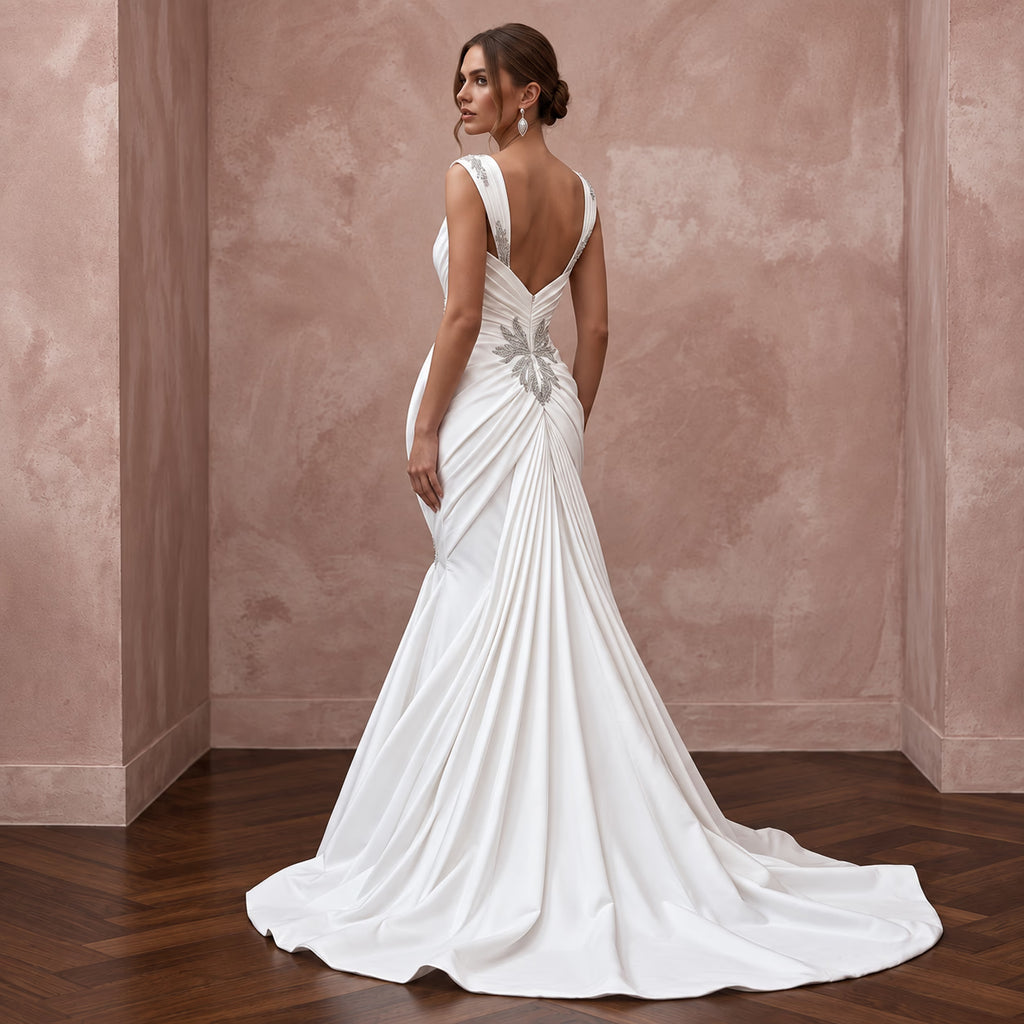 White Taffeta Asymmetrical Draped Bodice Mermaid Gown