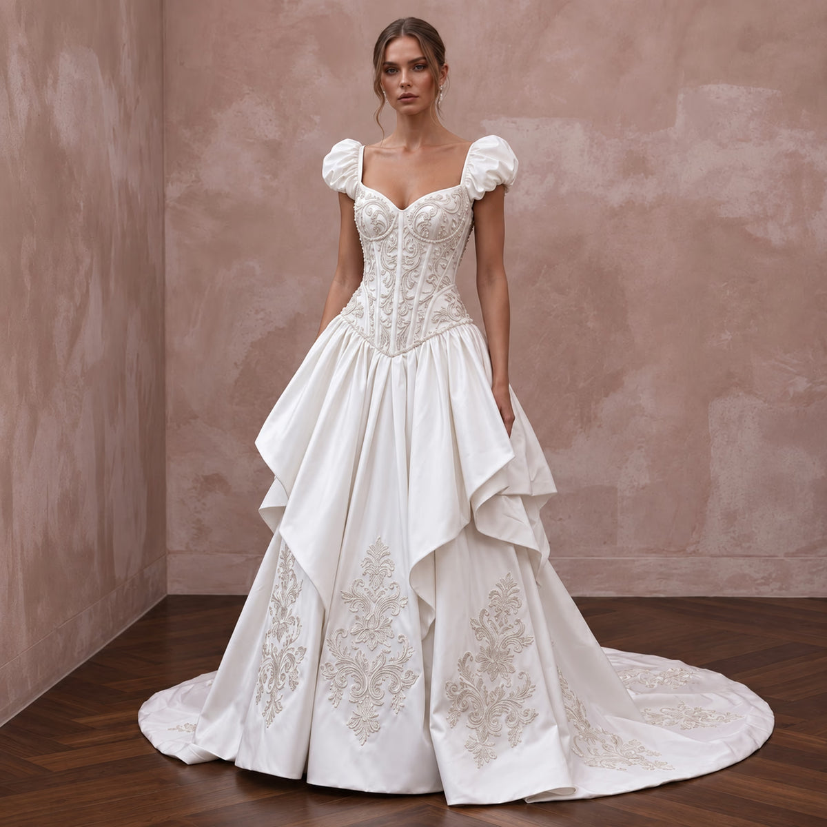 White Taffeta Dropped Waist Corset Bridal Gown for Traditional Wedding
