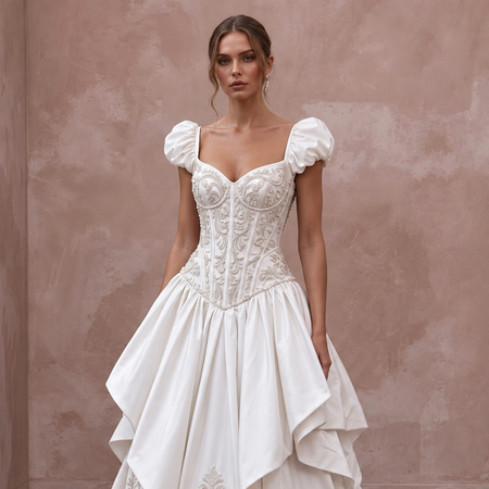 White Taffeta Dropped Waist Corset Bridal Gown for Traditional Wedding