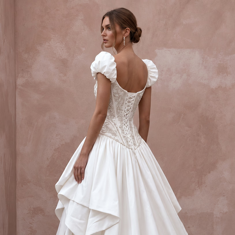 White Taffeta Dropped Waist Corset Bridal Gown for Traditional Wedding