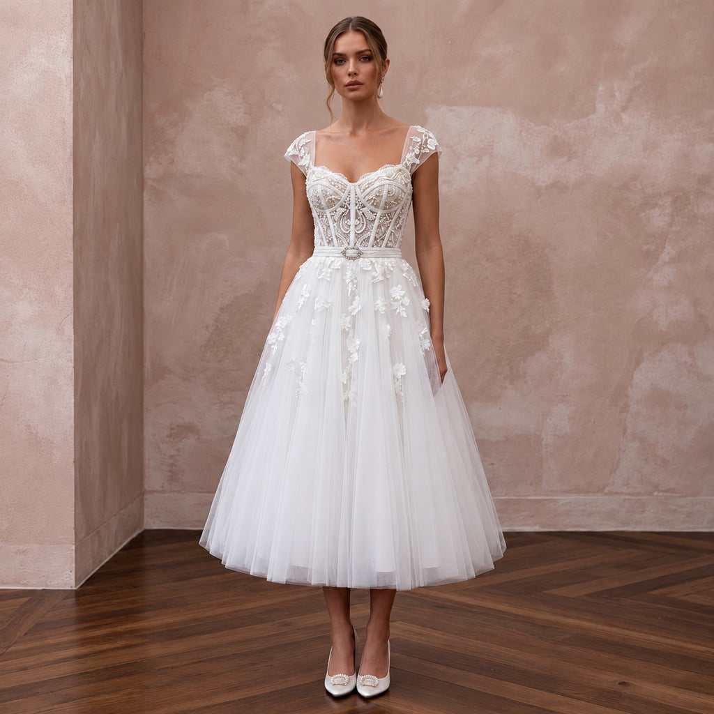 White Tulle Corset Bodice Tea-Length Dress for 1950s Themed Vows