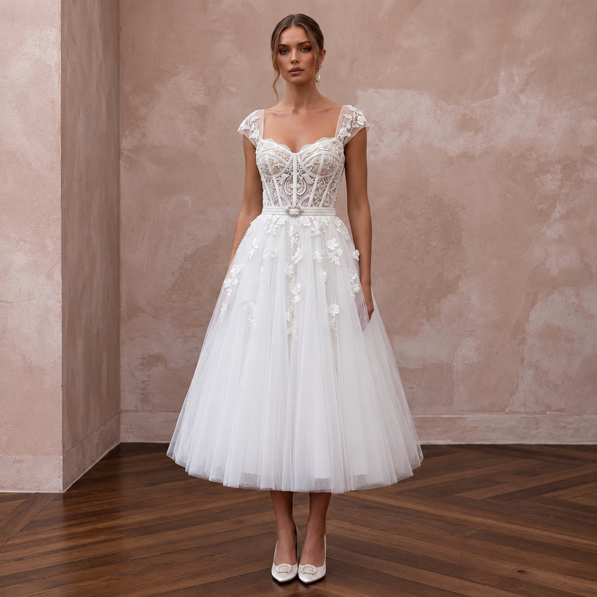 White Tulle Corset Bodice Tea-Length Dress for 1950s Themed Vows