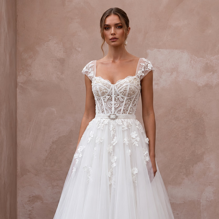 White Tulle Corset Bodice Tea-Length Dress for 1950s Themed Vows