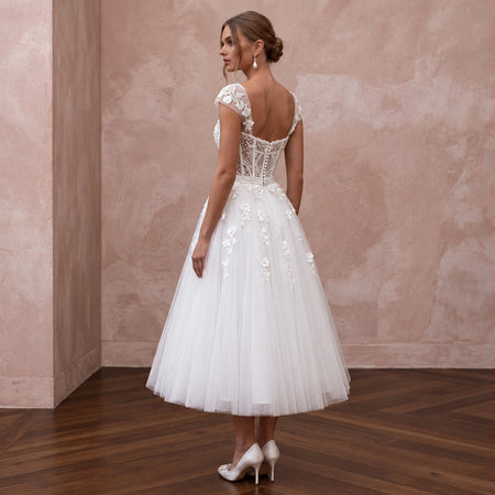 White Tulle Corset Bodice Tea-Length Dress for 1950s Themed Vows