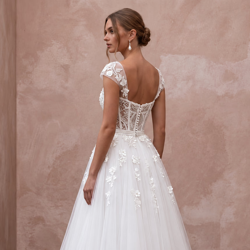 White Tulle Corset Bodice Tea-Length Dress for 1950s Themed Vows