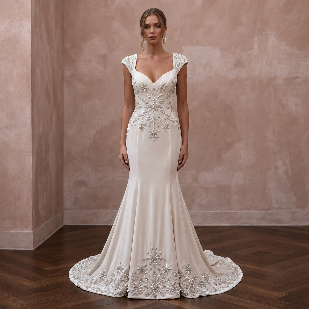 Winter Wedding Dresses with Velvet and Pearl Accents - Apparel & Accessories > Clothing > Wedding & Bridal Party Dresses > Wedding Dresses - Mignonette Bridal Main image