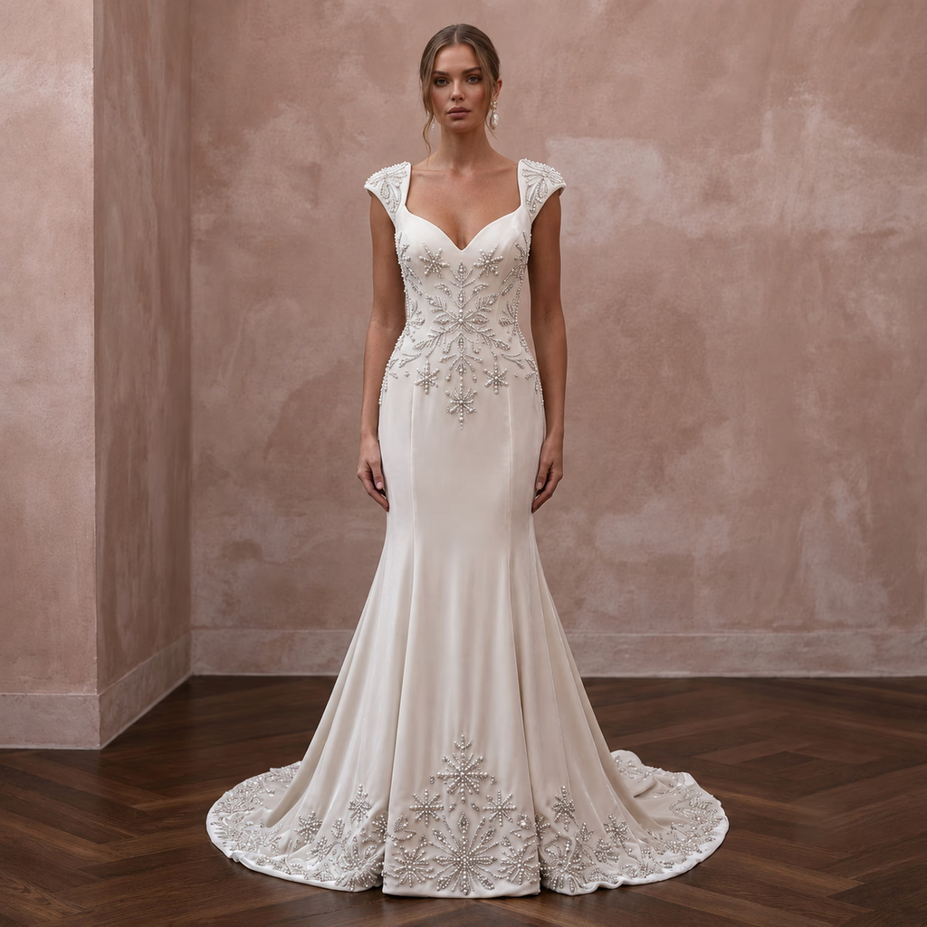 Winter Wedding Dresses with Velvet and Pearl Accents - Apparel & Accessories > Clothing > Wedding & Bridal Party Dresses > Wedding Dresses - Mignonette Bridal