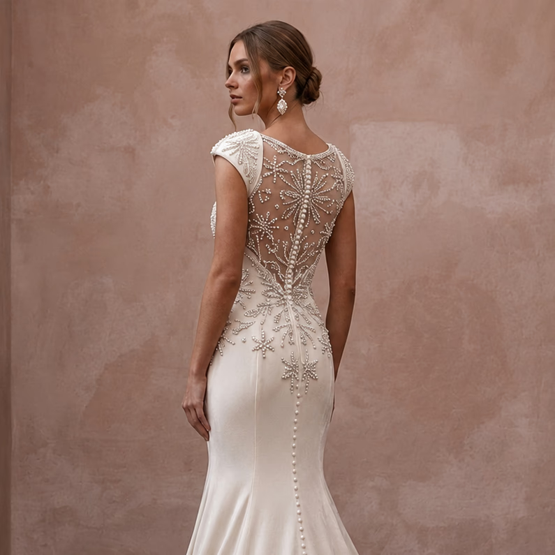 Winter Wedding Dresses with Velvet and Pearl Accents - Apparel & Accessories > Clothing > Wedding & Bridal Party Dresses > Wedding Dresses - Mignonette Bridal