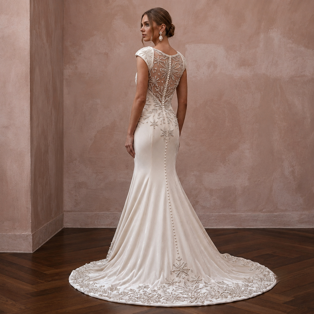 Winter Wedding Dresses with Velvet and Pearl Accents
