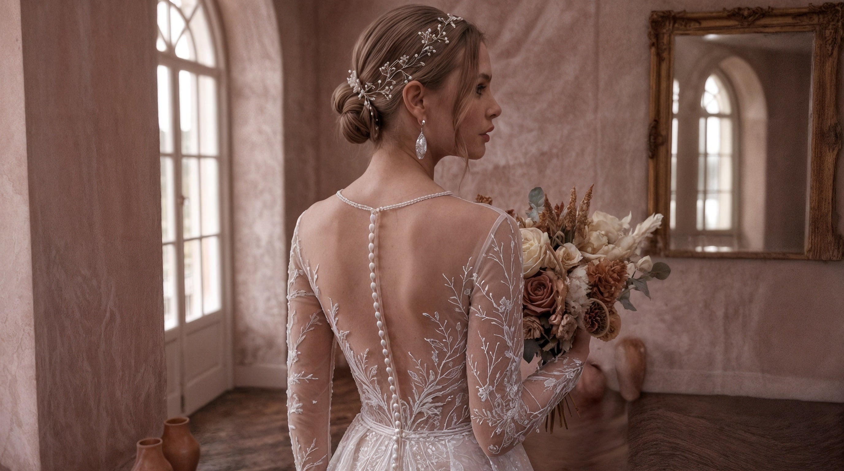 A bride wearing a long-sleeved lace wedding gown with an open back and pearl embellishments, holding a dried floral bouquet in a softly lit room with pink walls and a mirror.