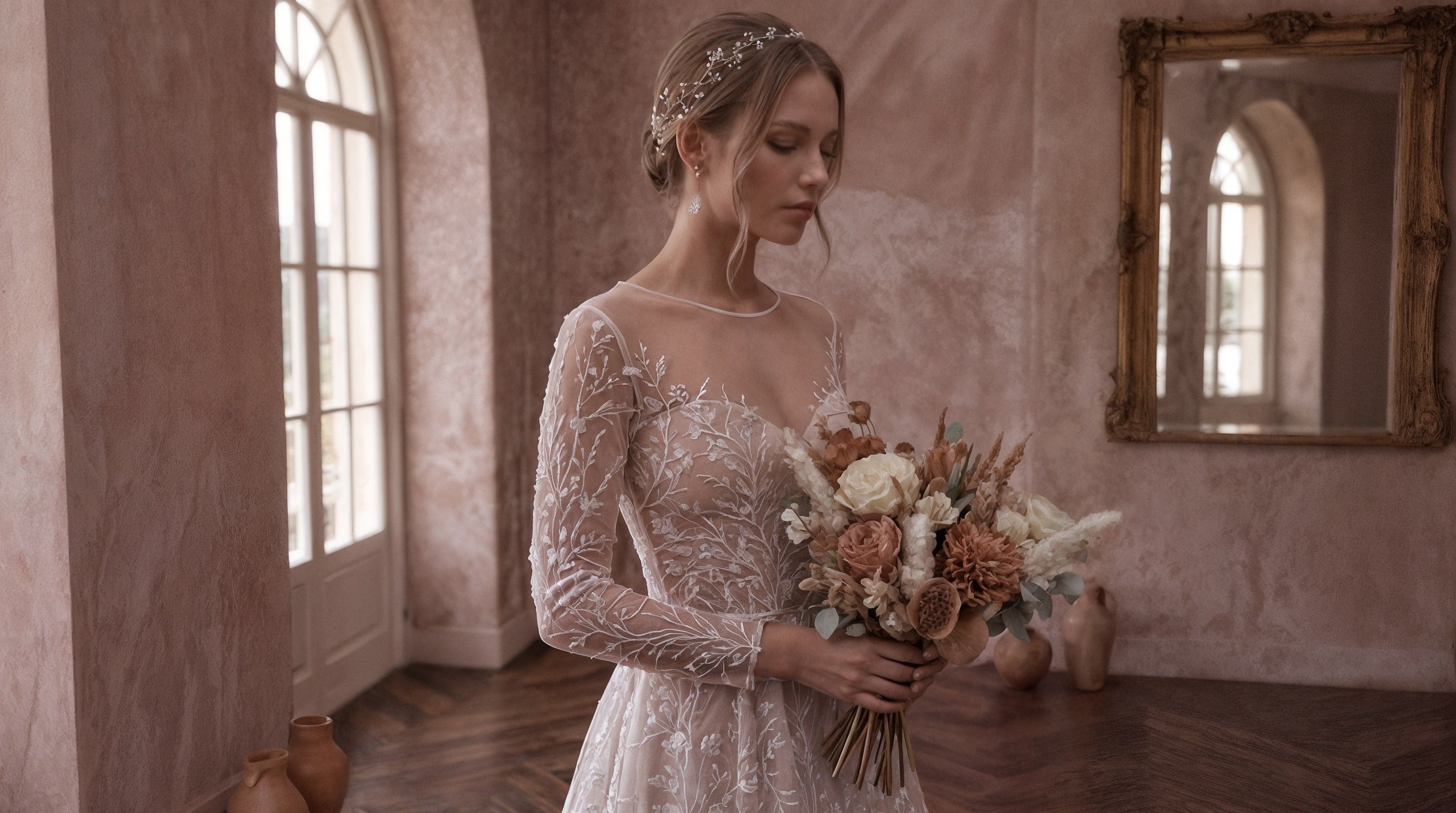 A bride in a long-sleeve lace wedding gown stands indoors holding a dried floral bouquet. The room has pinkish-beige walls, arched windows, and a large ornate mirror.