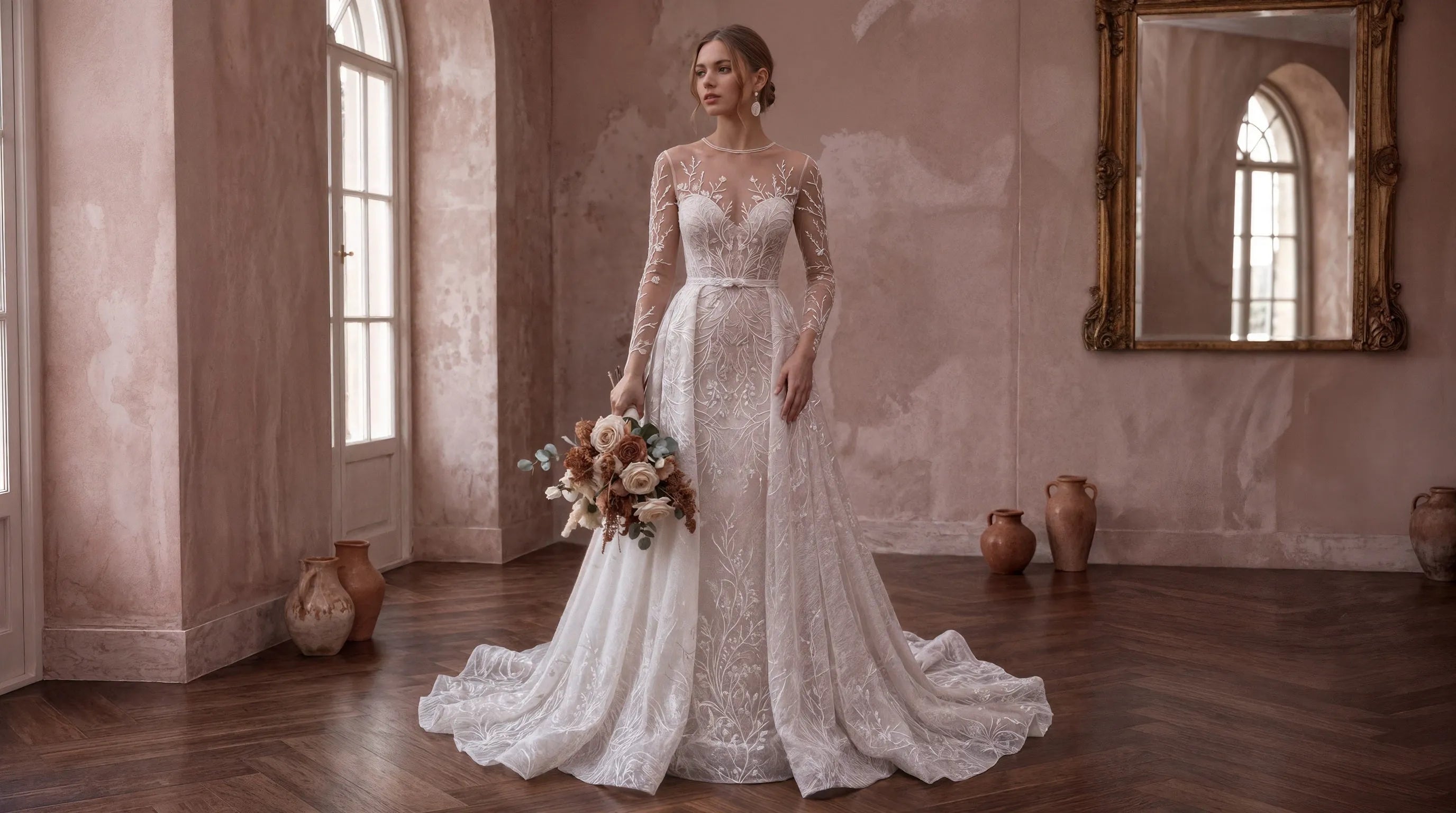 A woman wearing a long-sleeve lace wedding gown with a fitted bodice and full train stands in a softly lit room with pink walls, wood floors, and a large mirror. She holds a bouquet of flowers.