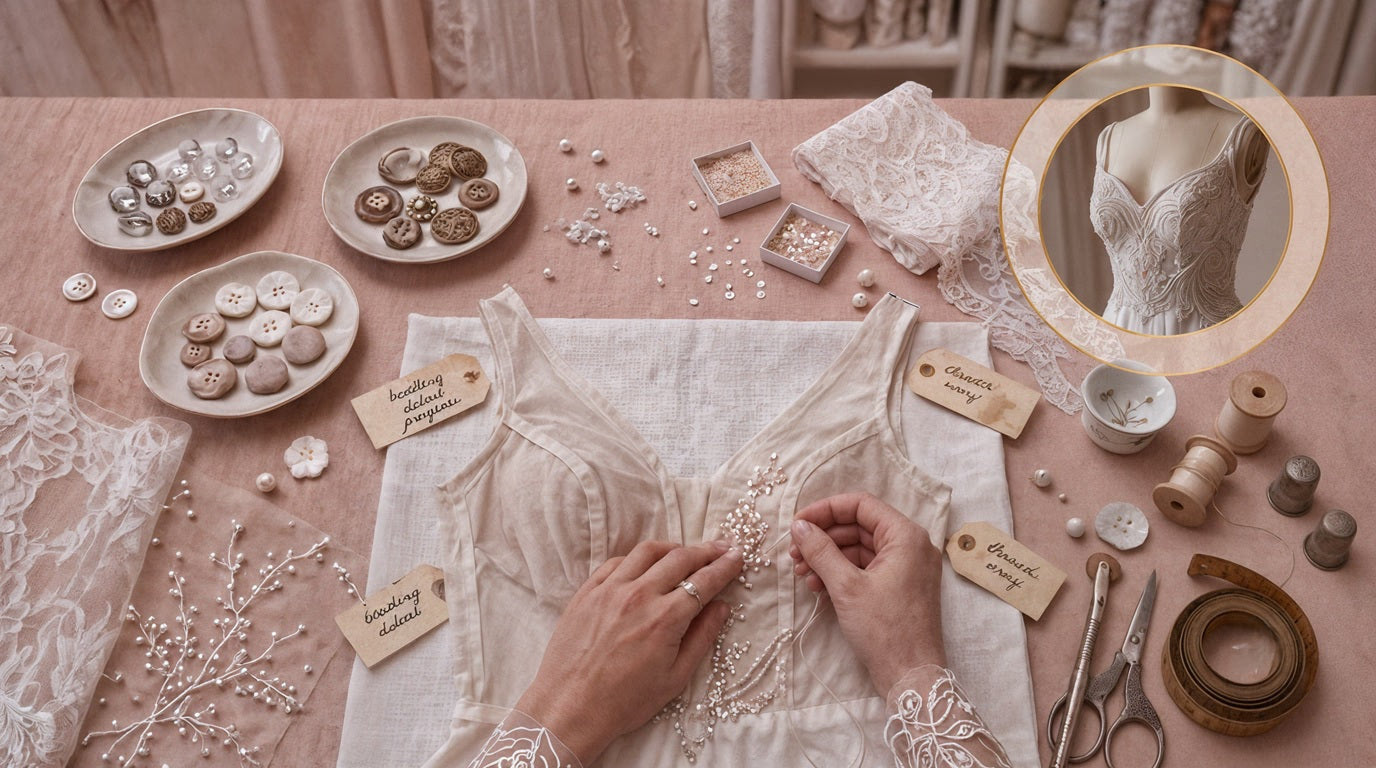 A close-up, top-down view of a person's hands adjusting the embellished neckline of a cream-colored lace dress. The scene is styled with sewing props like buttons, lace, and thread on a dusty pink tablecloth, with a circular inset showing a mannequin wearing the dress.